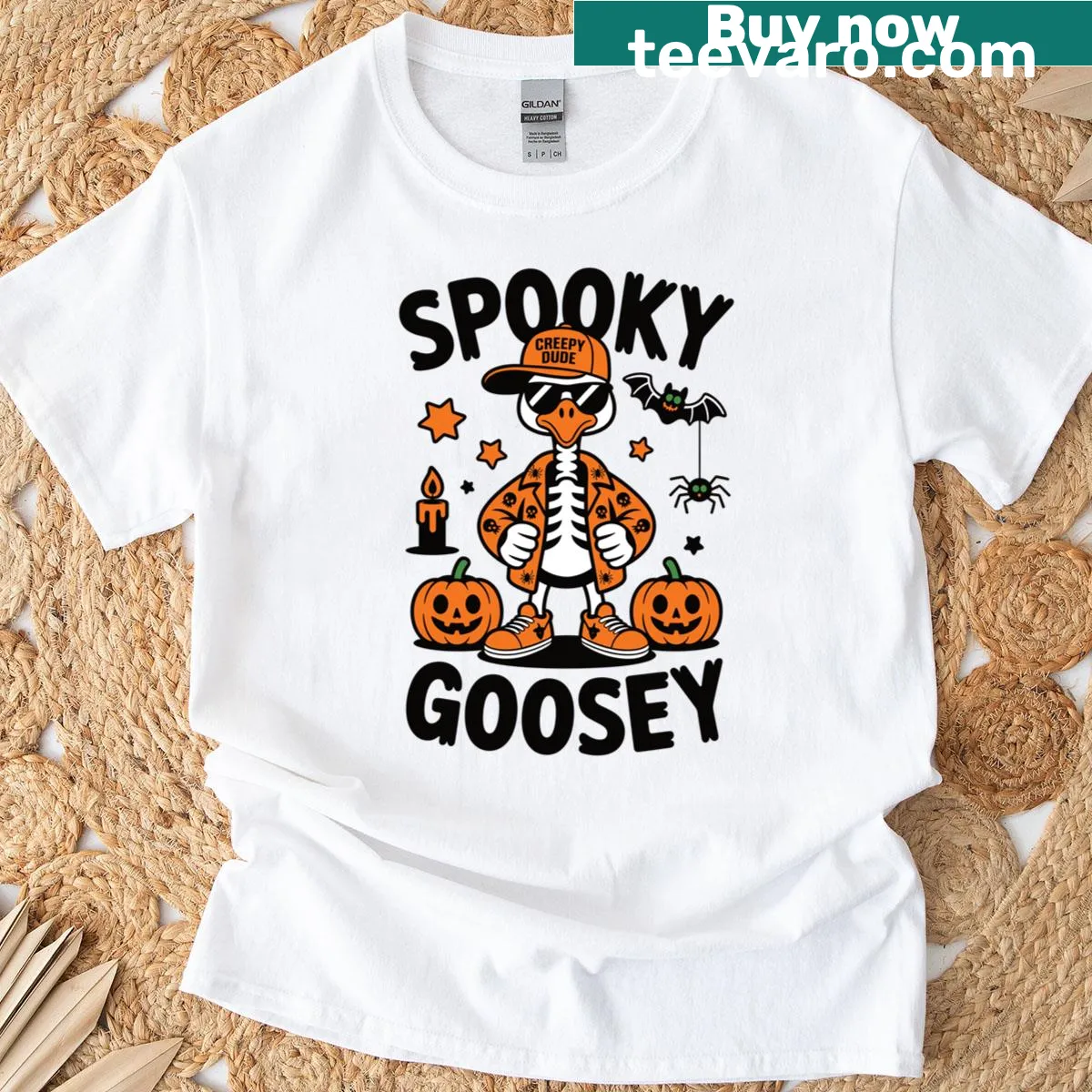 Halloween T-shirt featuring a skeleton goose design — on a men's t-shirt