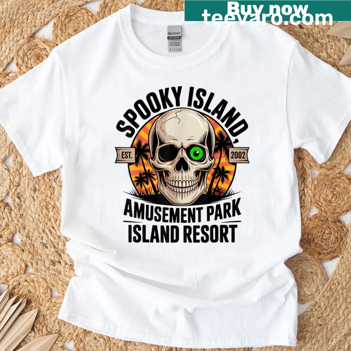 Retro Halloween T-shirt featuring a skull in an amusement park design. — on a men's t-shirt