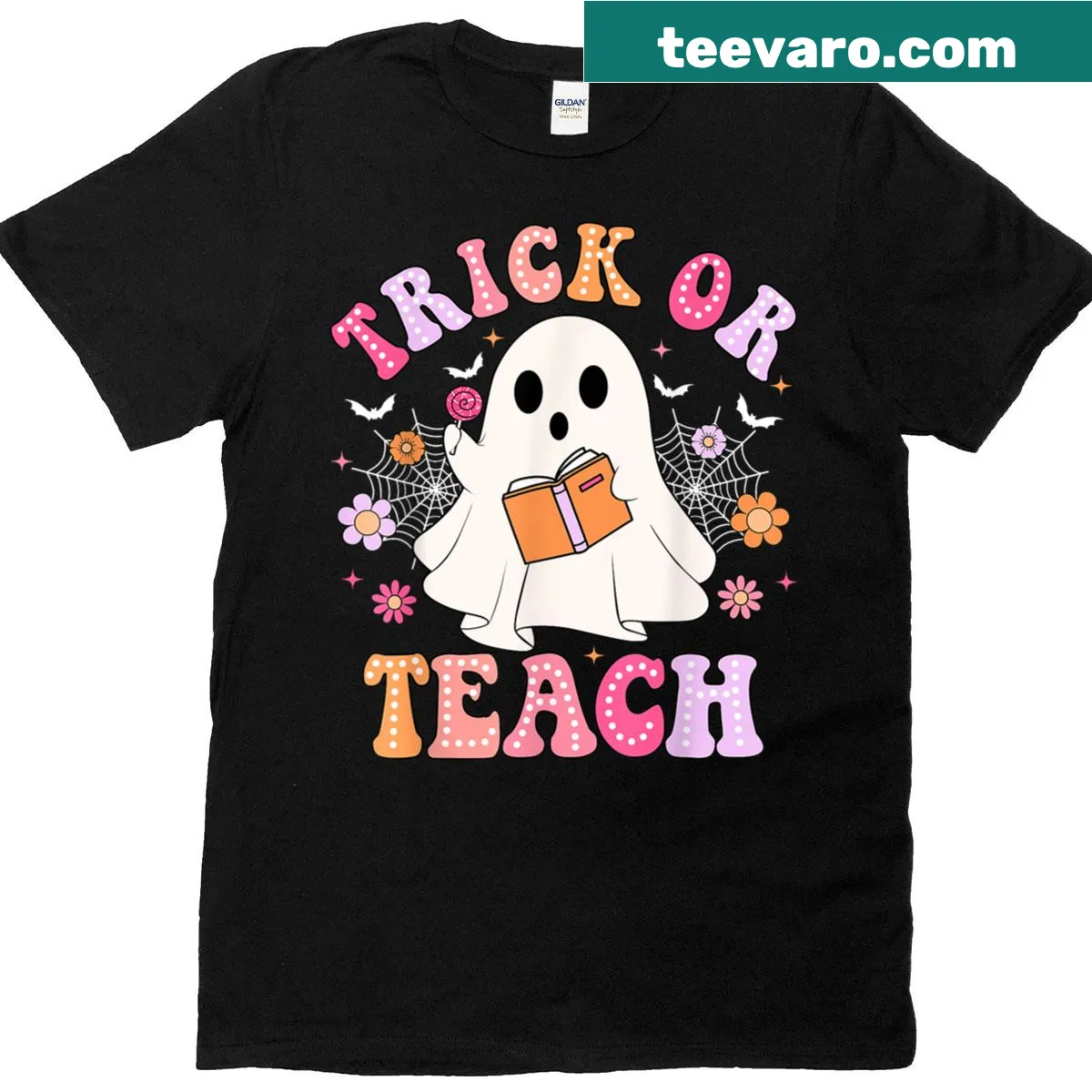 Cartoon teacher-themed Halloween tee with ghost and text. — on a men's t-shirt