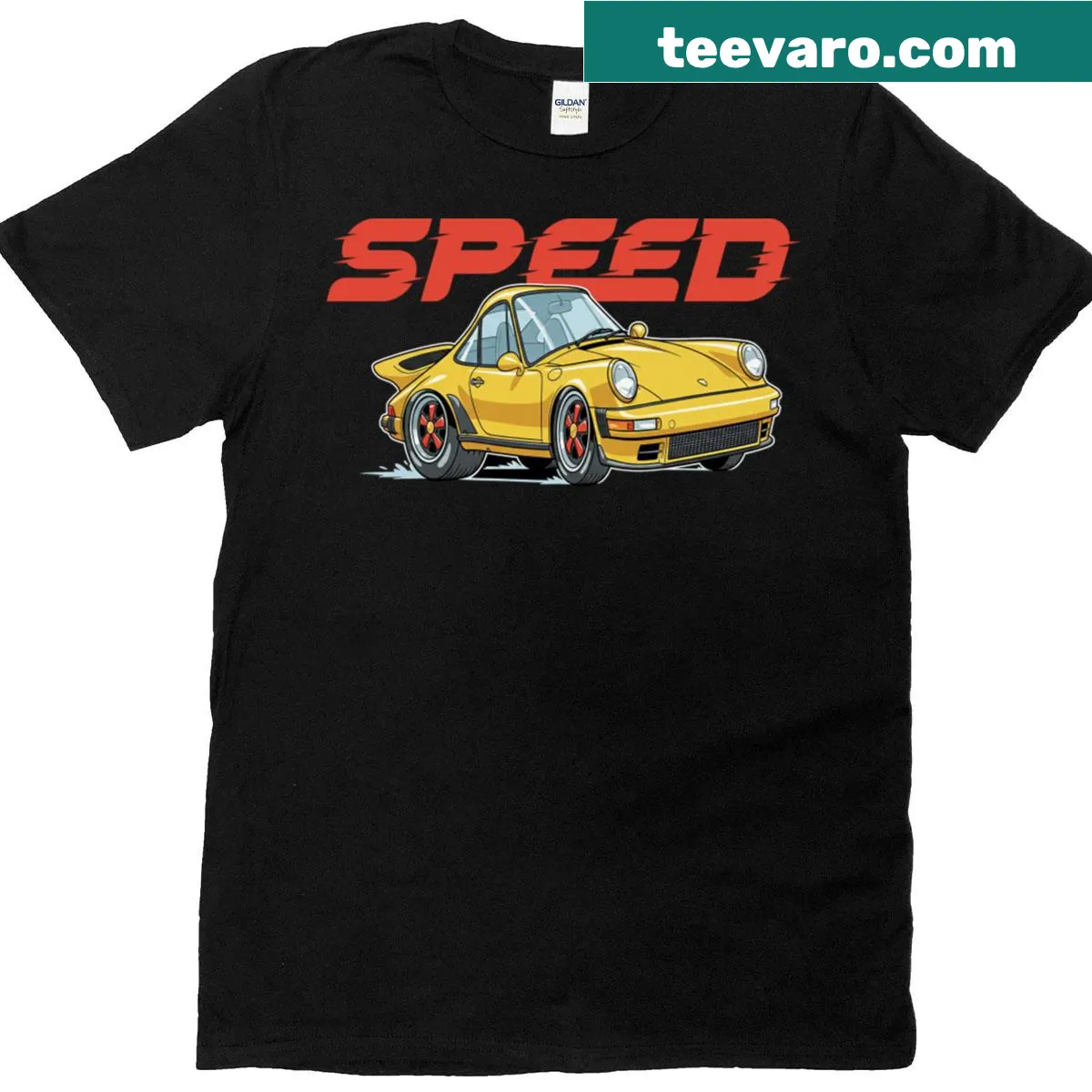 Cartoonish sports car caricature graphic on T-shirt — on a men's t-shirt