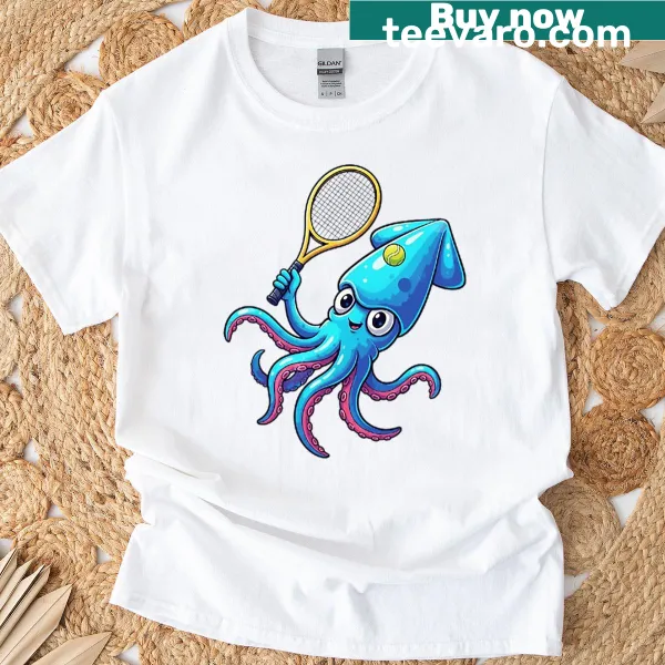 Cartoon squid playing tennis with a racket