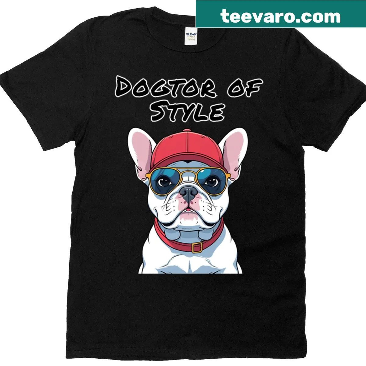 Playful T-shirt with 'Doctor Of Style' text and cute French bulldog graphic — on a men's t-shirt
