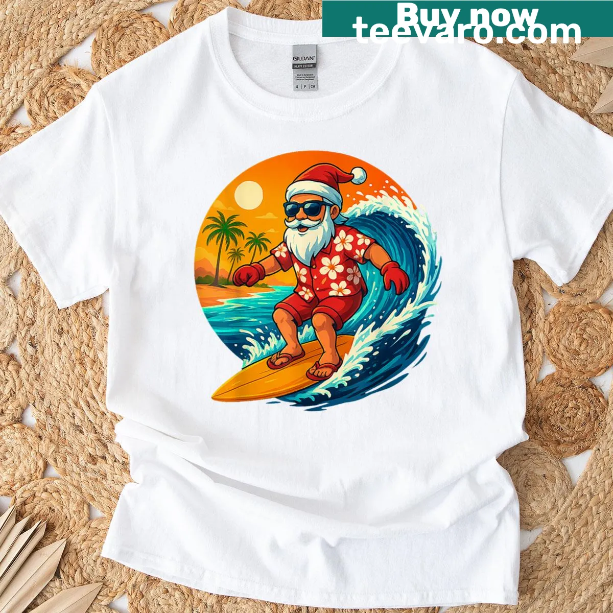 Tropical Christmas t-shirt with surfing Santa illustration — on a men's t-shirt
