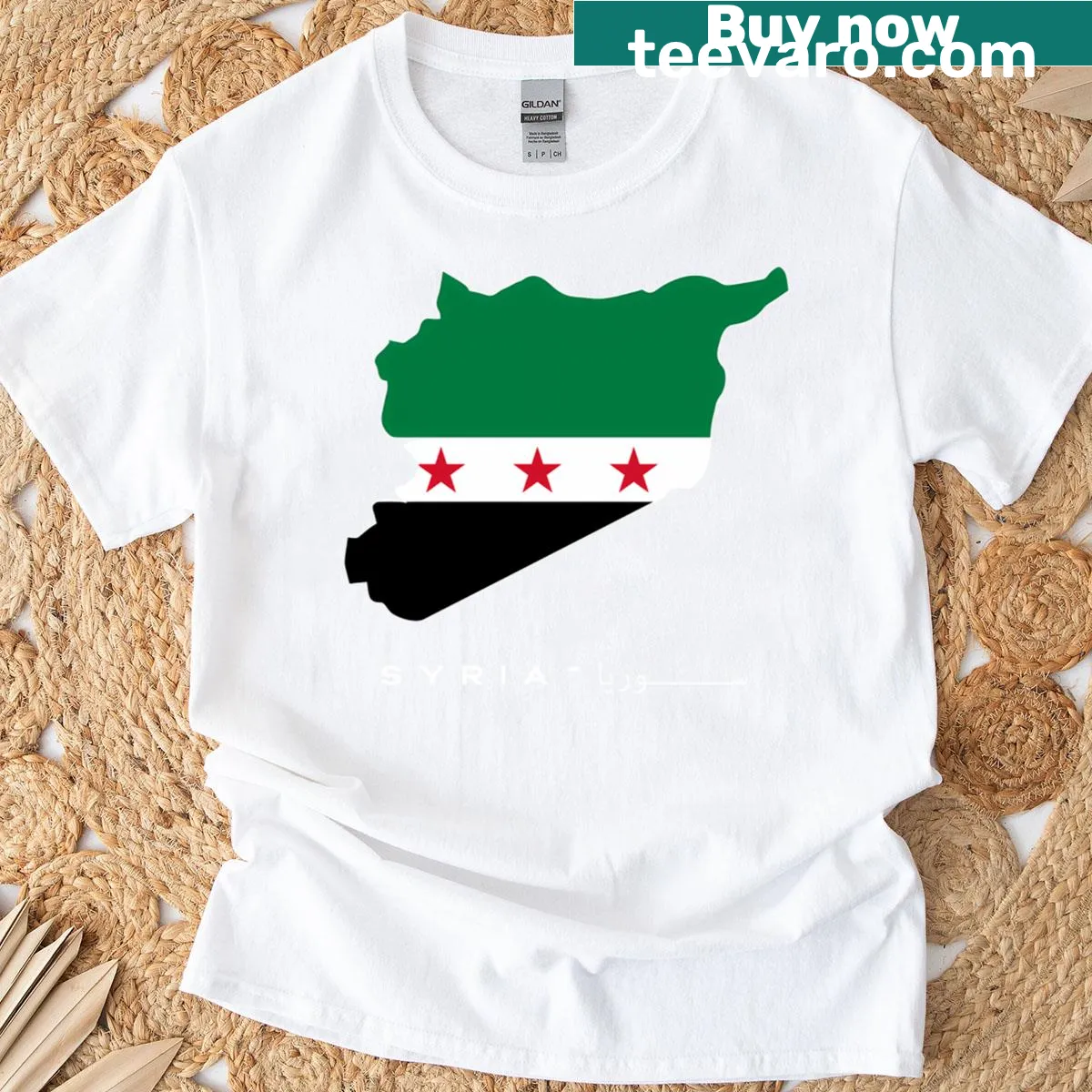 T-shirt featuring the Syrian flag and map design — on a men's t-shirt