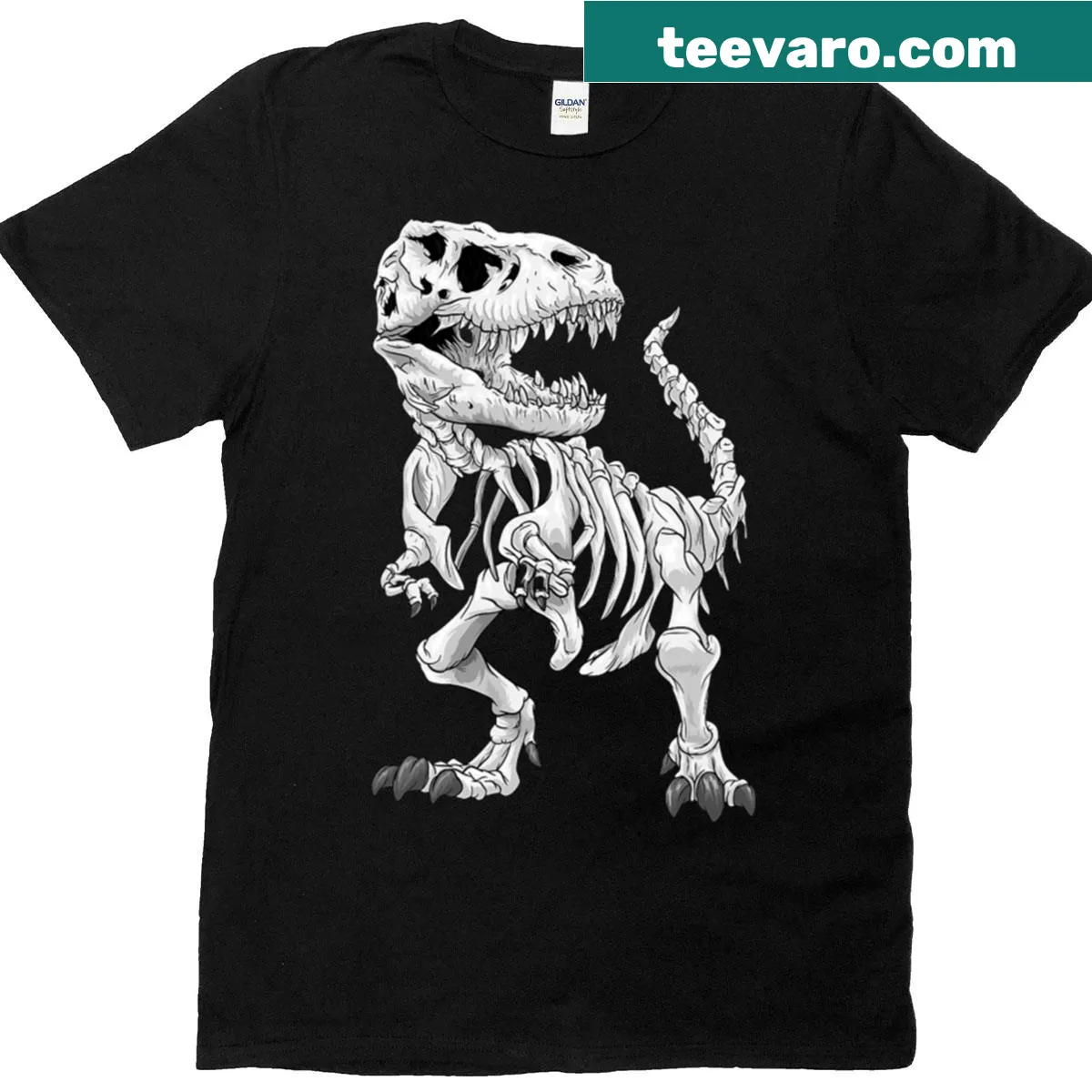 Cartoon T-shirt featuring T-Rex skeleton design — on a men's t-shirt