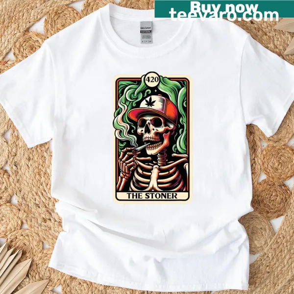 Skeleton skeleton surrounded by tarot cards and cannabis graphic t-shirt