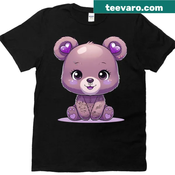 Illustrated tattooed teddy bear with piercings on T-shirt
