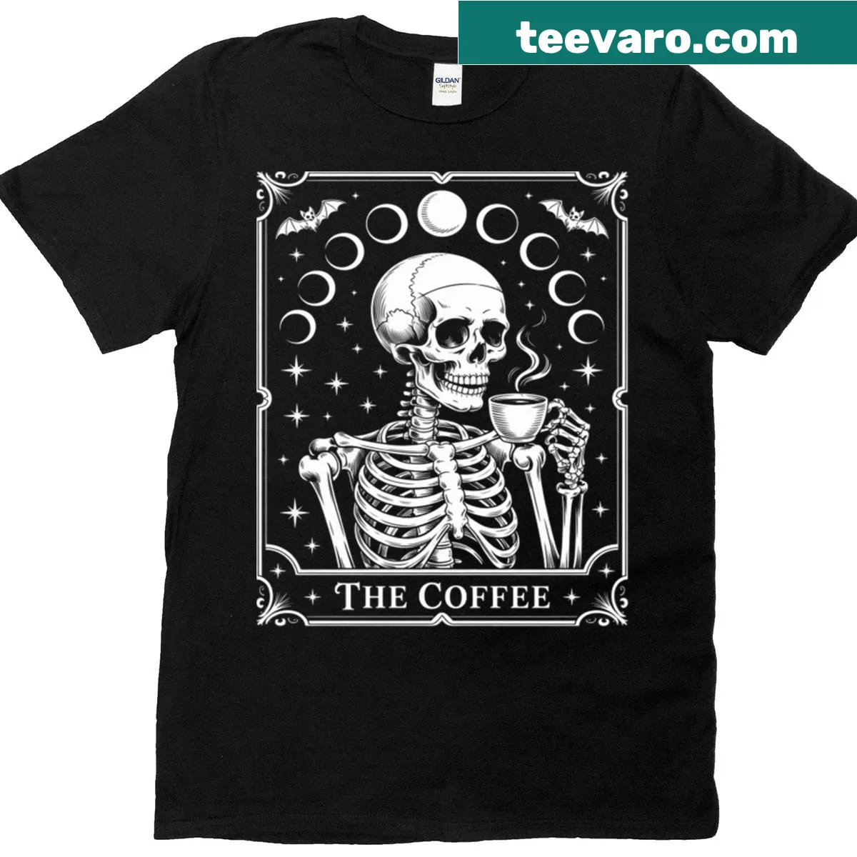 Illustration of a skull with tarot card elements and coffee theme — on a men's t-shirt