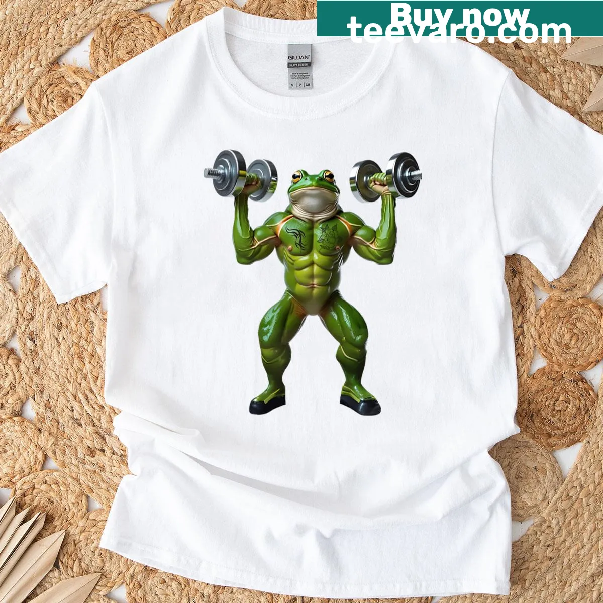Muscle-themed t-shirt featuring a muscular figure in bold graphic style — on a men's t-shirt