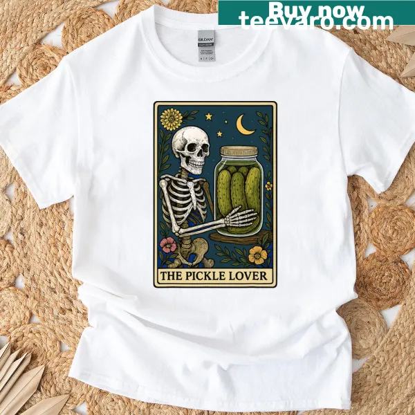 Whimsical pickle illustration t-shirt with a Tarot card theme