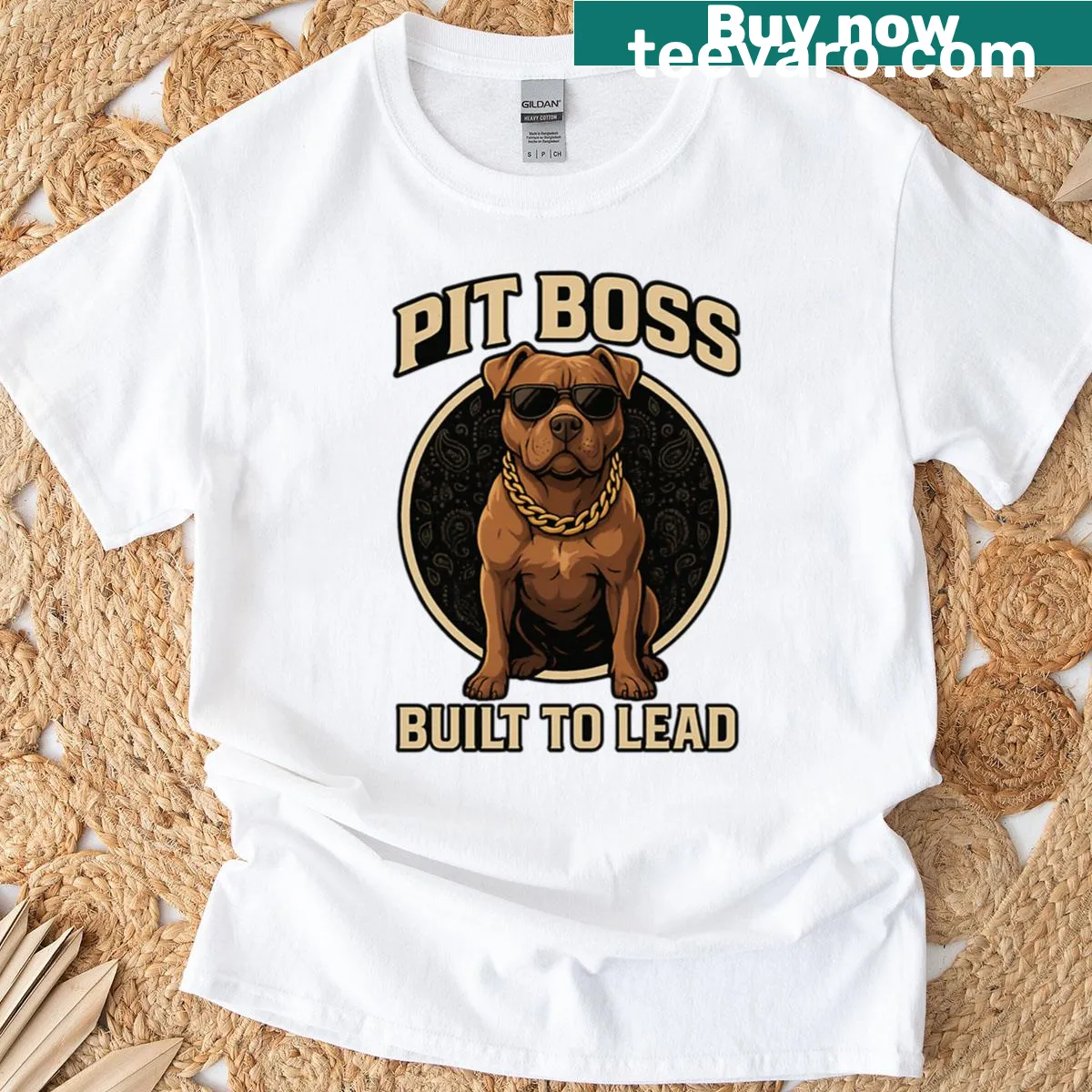 Bold typography t-shirt with 'Pit Boss' text — on a men's t-shirt