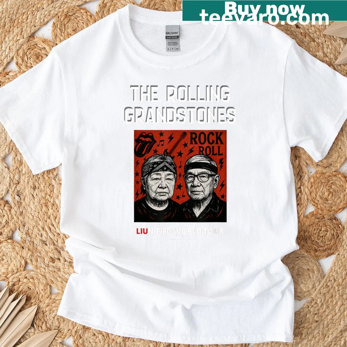 Retro Rolling Grandstones music-themed t-shirt with bold typography — on a men's t-shirt