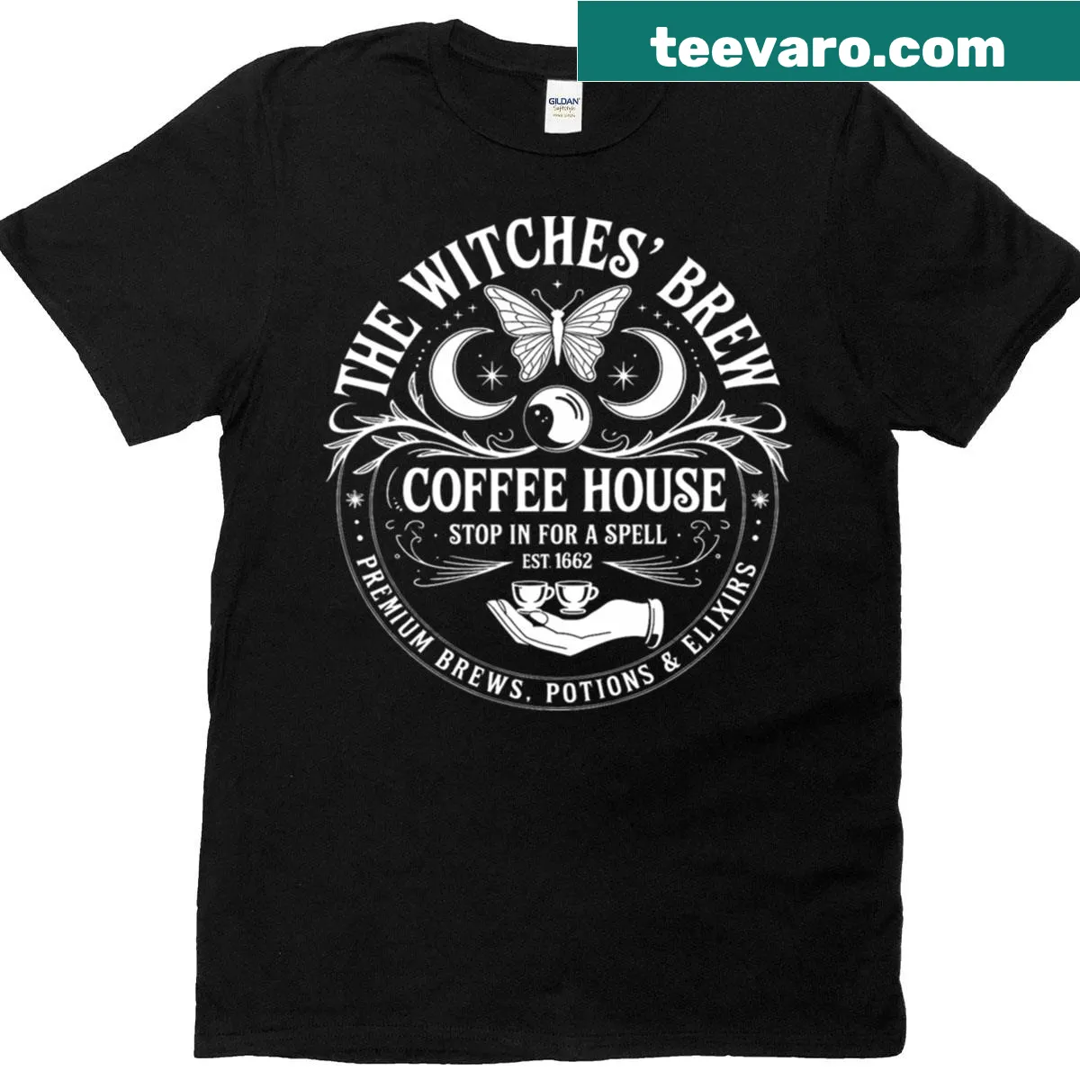 T-shirt with illustrations of witches and coffee for spooky season — on a men's t-shirt