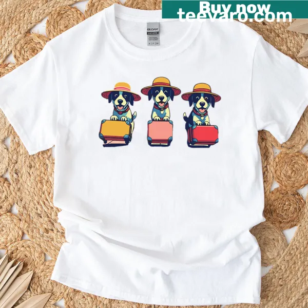Oversized t-shirt featuring a whimsical illustration of three dogs on a trip