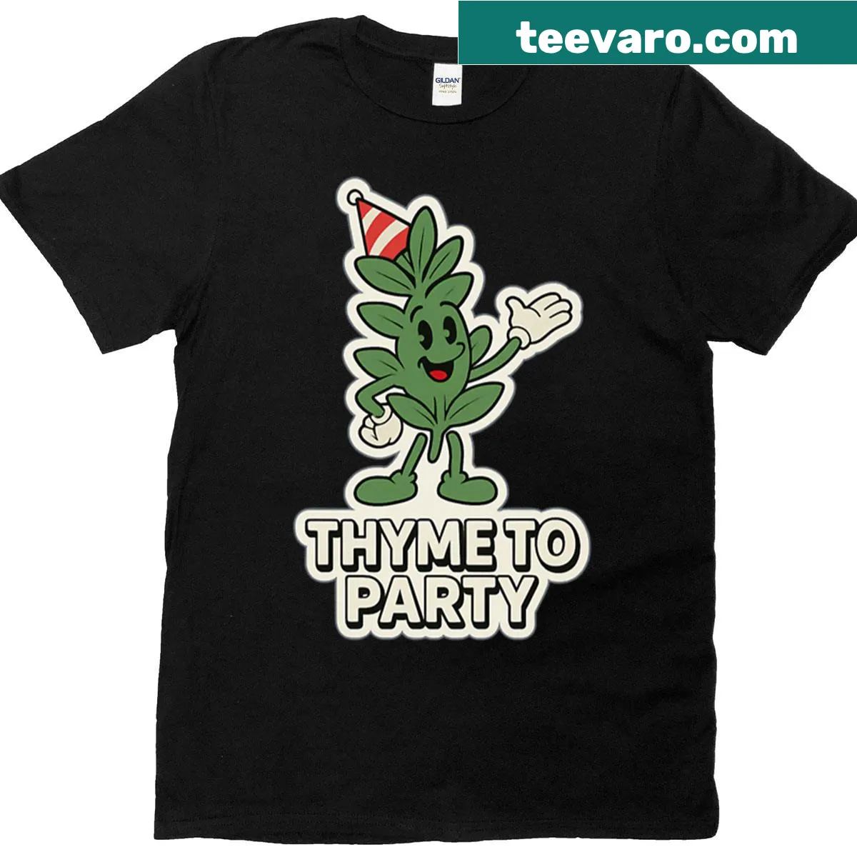 Cute cartoon herb design with 'Thyme To Party' text on a T-shirt — on a men's t-shirt