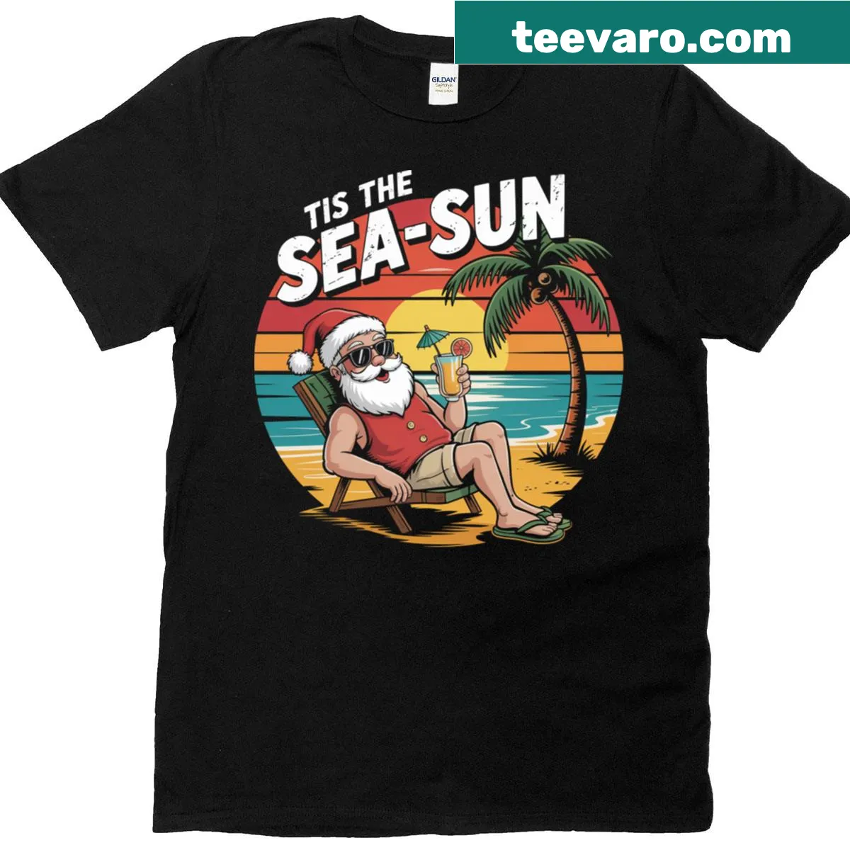 Illustration of Santa on a beach for Christmas in July — on a men's t-shirt