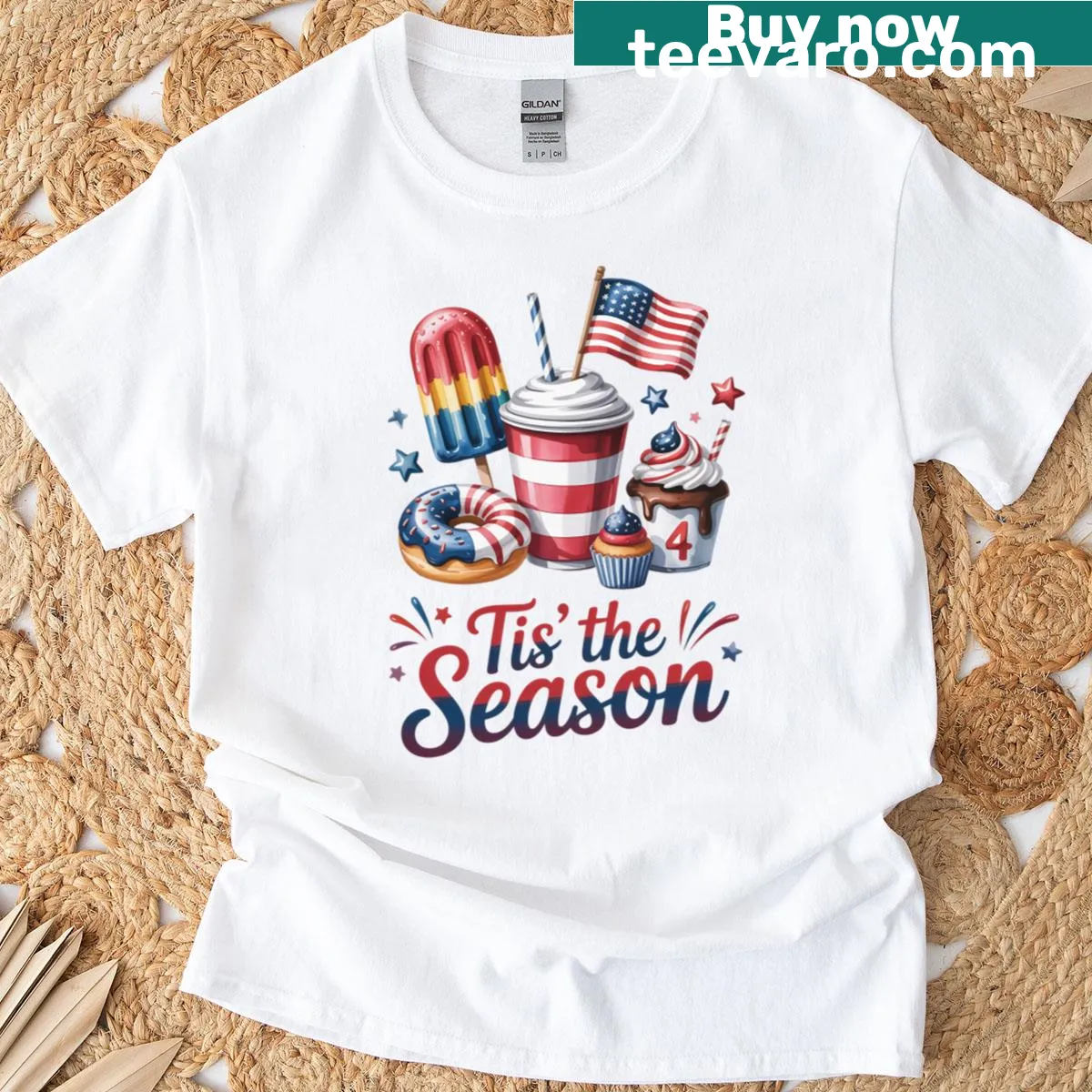 Fourth of July t-shirt featuring coffee cups with the American flag — on a men's t-shirt