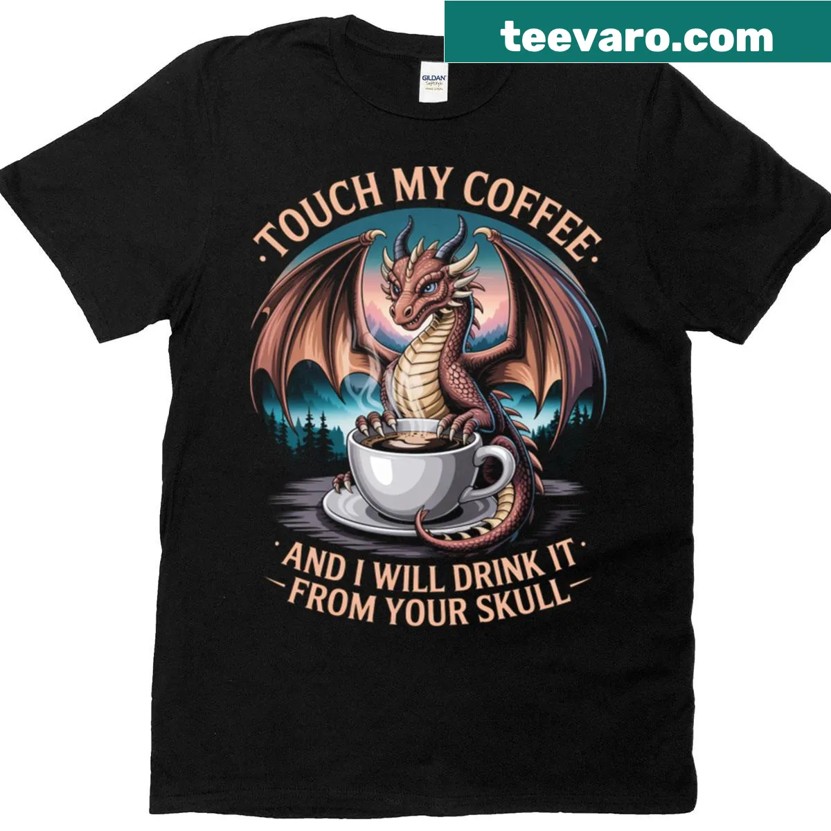 Text design shirt that reads 'Touch My Coffee And I Will Drink It From Your Skull' — on a men's t-shirt