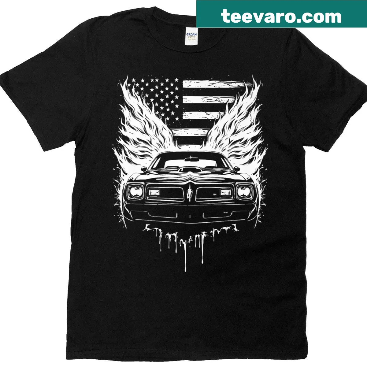 Patriotic Trans Am T-shirt with US flag and flames design — on a men's t-shirt