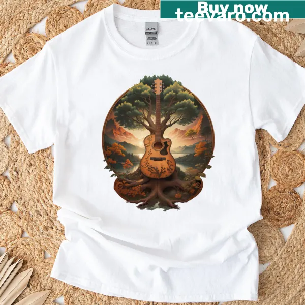 Illustration of a tree of life and acoustic guitar by a lake
