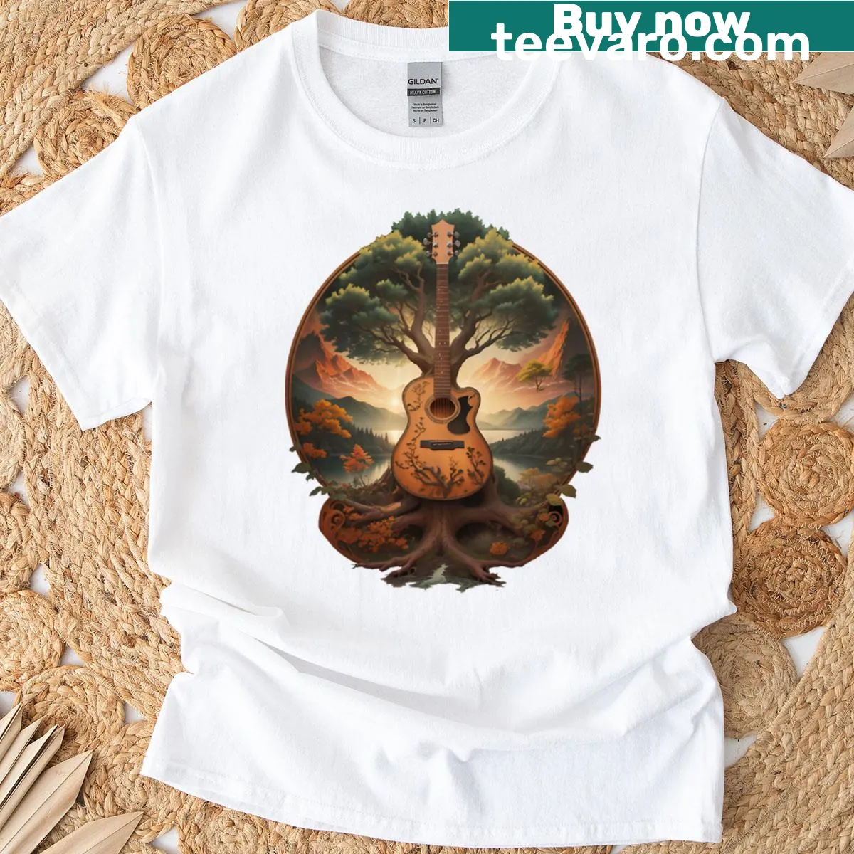Illustration of a tree of life and acoustic guitar by a lake — on a men's t-shirt