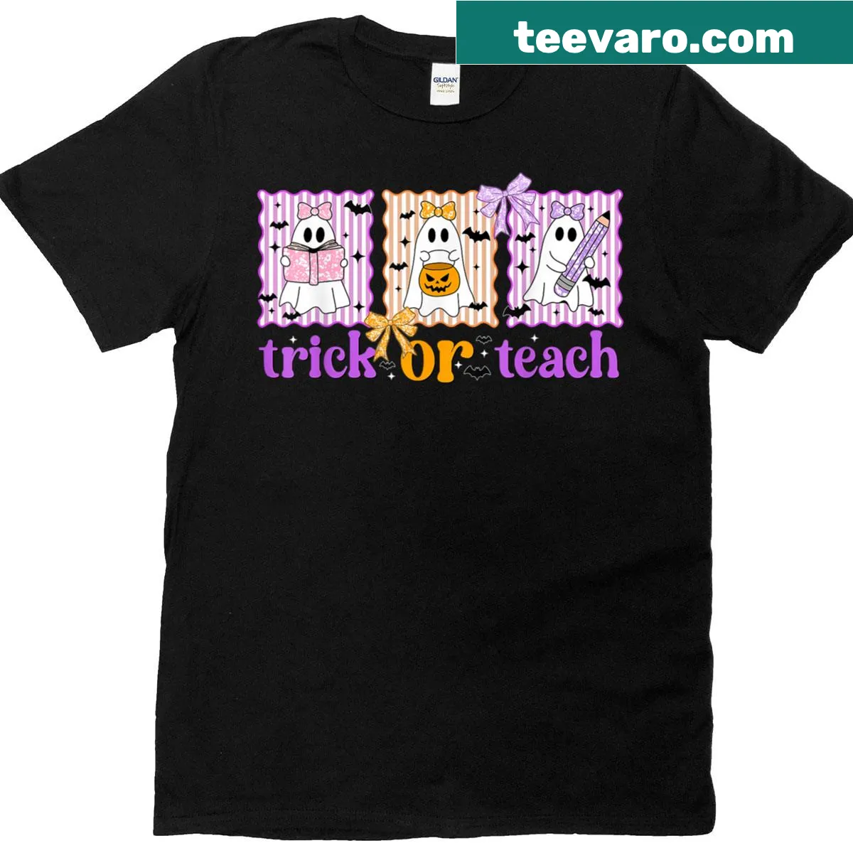Cute ghost Halloween T-shirt with Trick Or Teach slogan — on a men's t-shirt