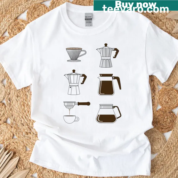 Graphic t-shirt showcasing types of coffee makers