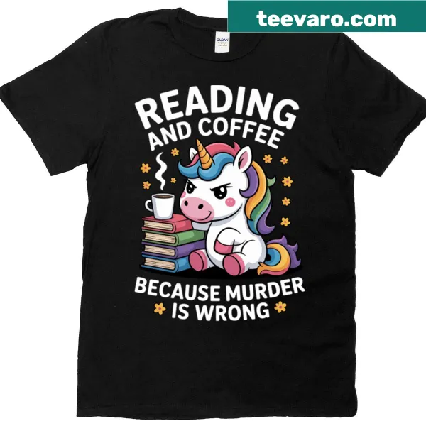 Whimsical unicorn reading with text about humor and coffee