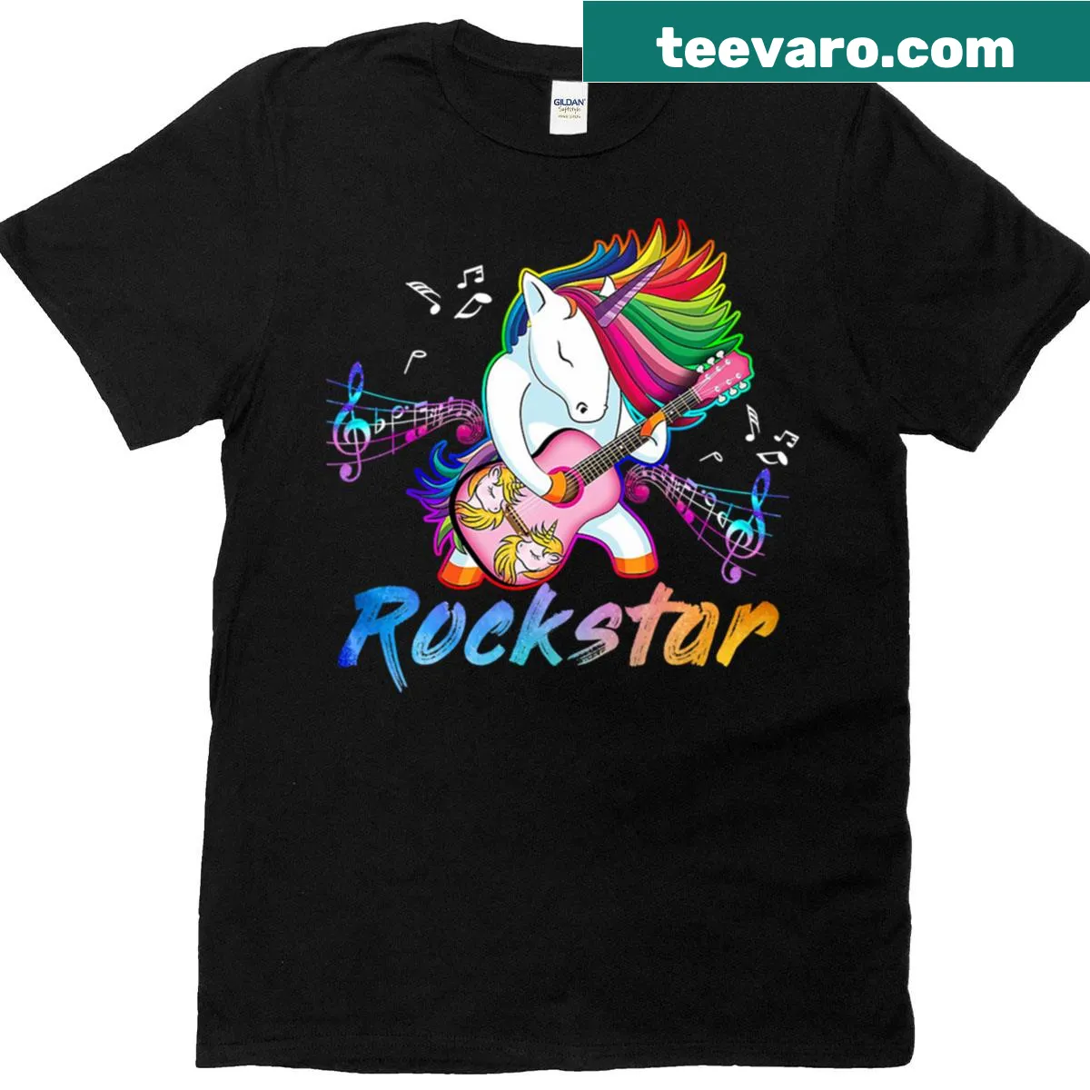 Rock star unicorn playing guitar illustration on a T-shirt — on a men's t-shirt