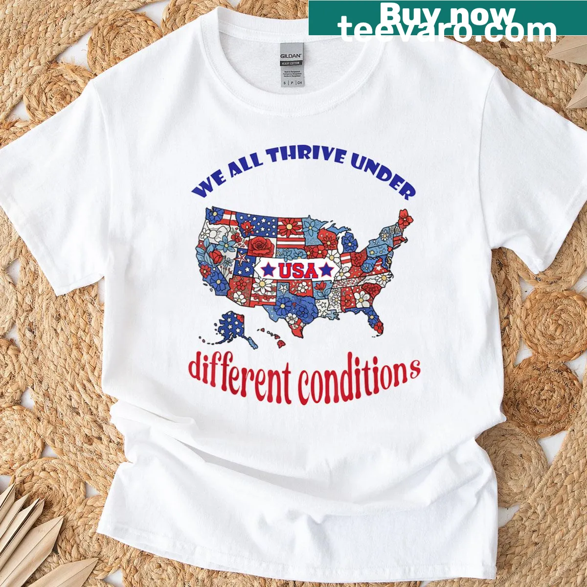 Patriotic T-shirt with USA map and floral design — on a men's t-shirt