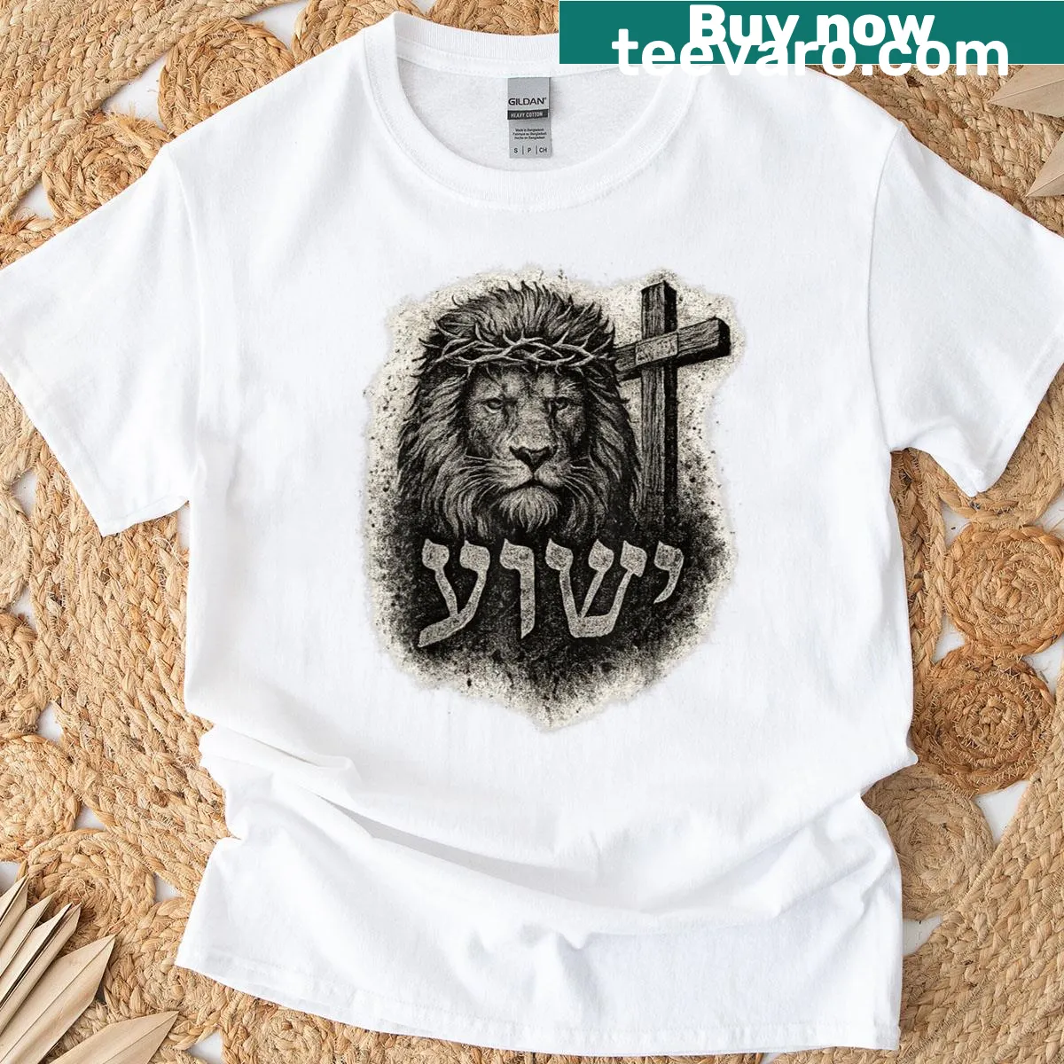 Vintage-style Christian T-shirt featuring a crowned lion with a cross — on a men's t-shirt