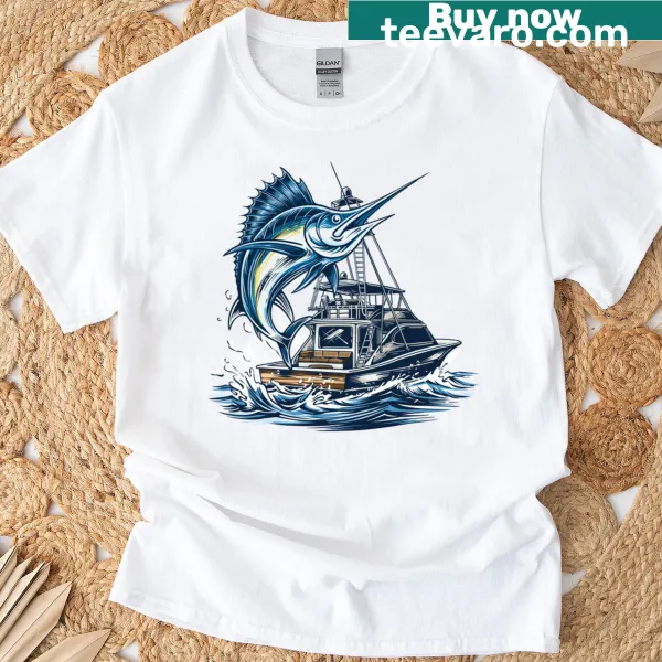 Vintage illustration of a marlin fish on a classic t-shirt
