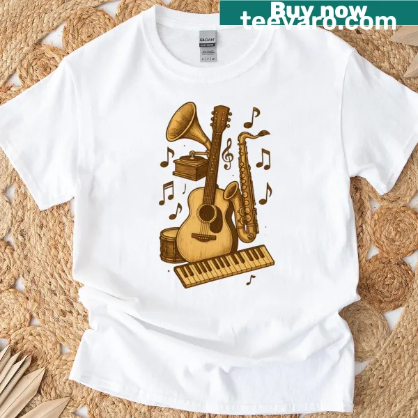 Vintage T-shirt featuring whimsical illustrations of musical instruments