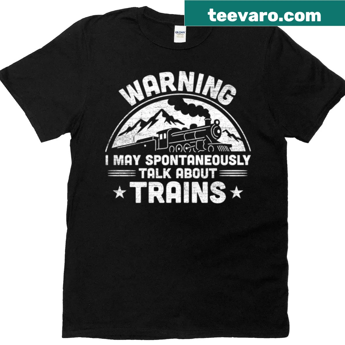 T-shirt with a humorous warning about talking about trains. — on a men's t-shirt