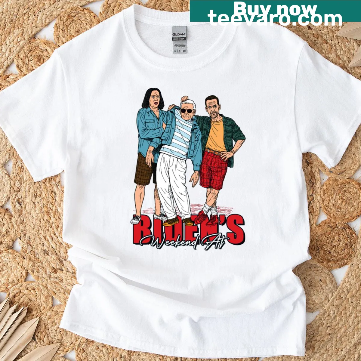 Sarcastic T-shirt with 'Weekend At Bidens' text — on a men's t-shirt