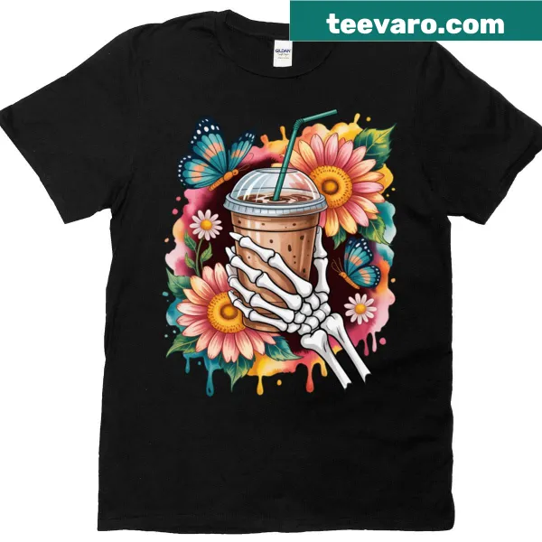 Illustrated shirt with whimsical skeleton and iced coffee surrounded by flowers