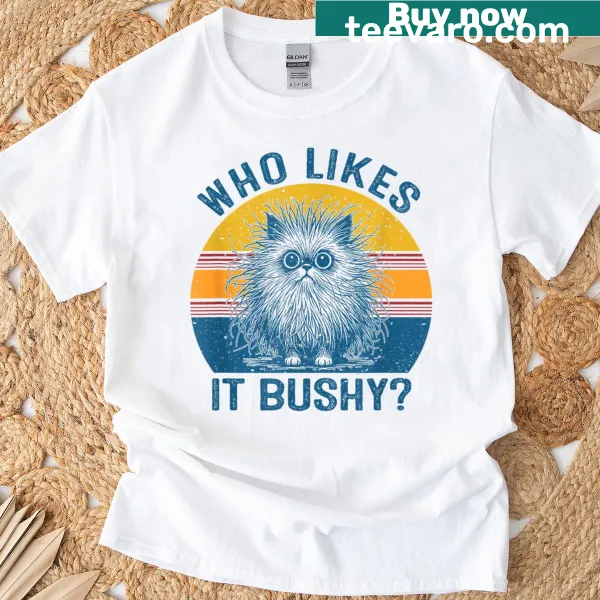 Funny bushy cat meme T-shirt with playful illustration