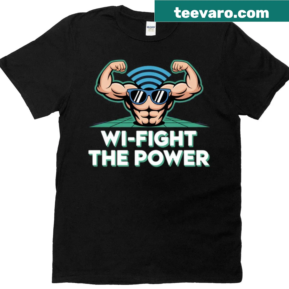 Humorous Wi-fight design blending tech and fitness themes — on a men's t-shirt