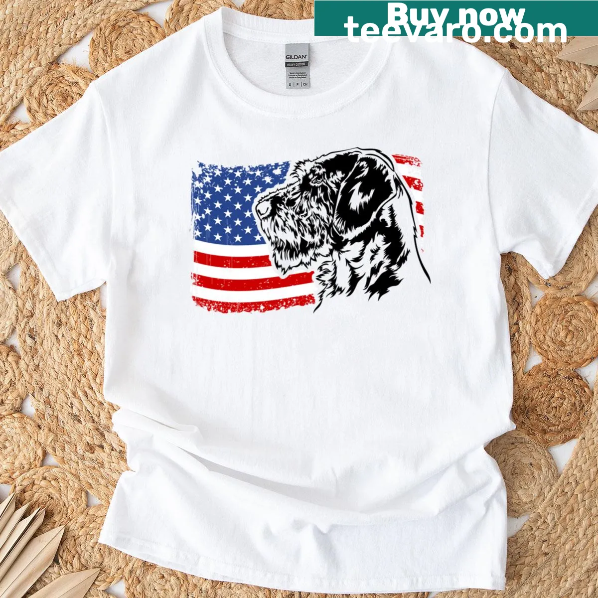 Patriotic T-shirt featuring a Wirehaired Pointing Griffon and American flag — on a men's t-shirt
