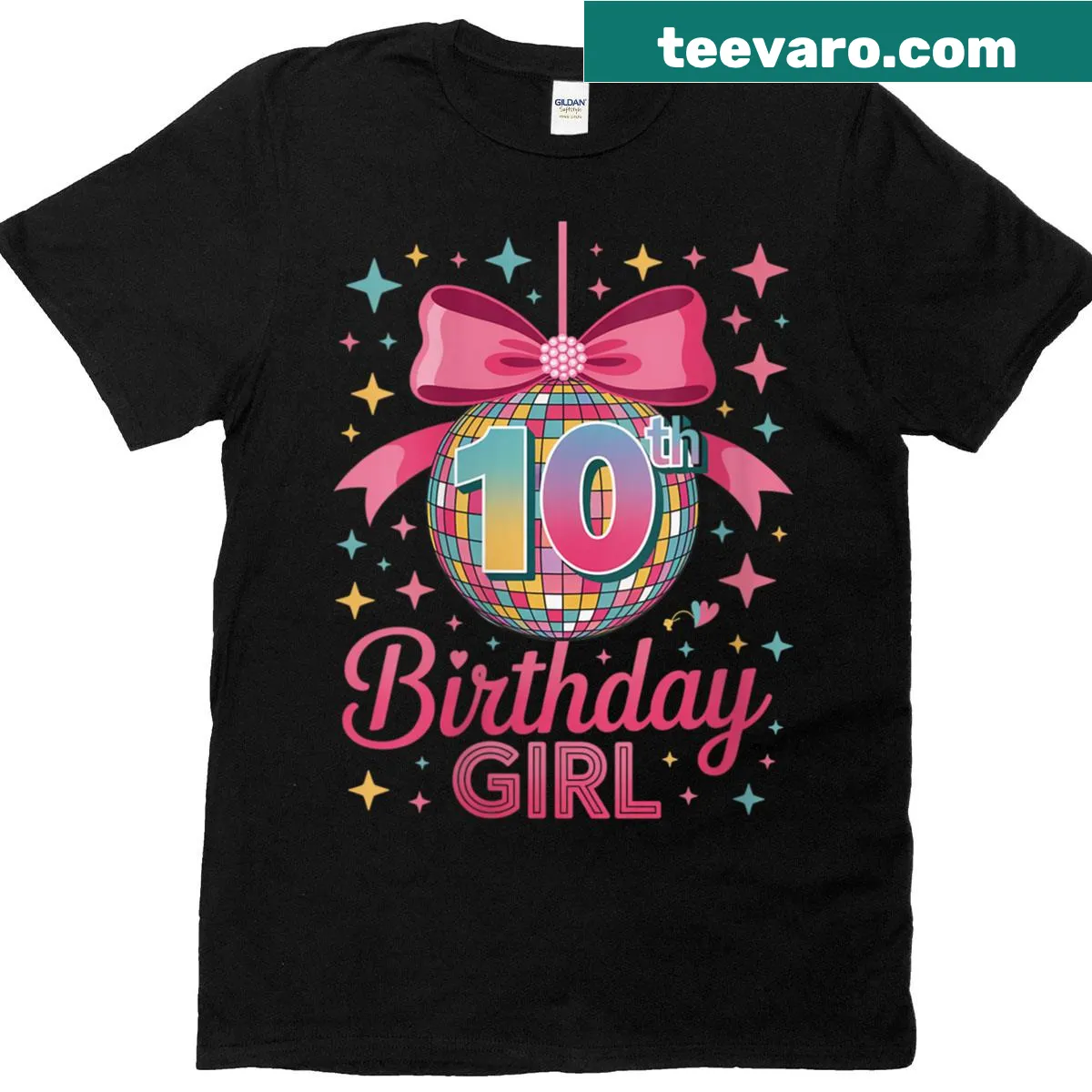 Colorful birthday t-shirt with disco ball and bow for girls — on a men's t-shirt