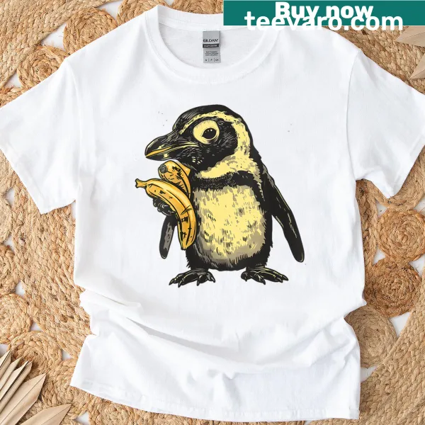 Cute penguin illustration with bananas on women's T-shirt