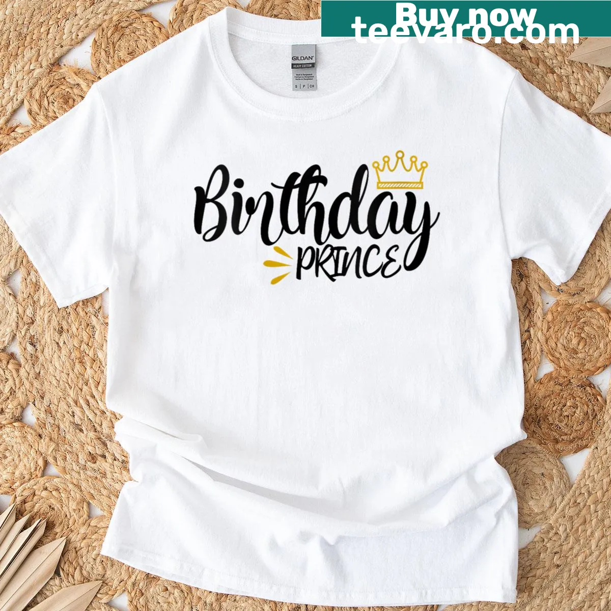 T-shirt with 'Birthday Prince' text and crown illustration — on a men's t-shirt