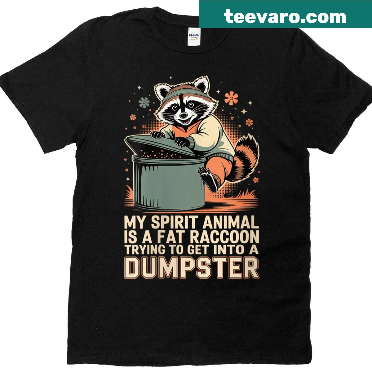 Playful raccoon getting into dumpster on t-shirt — on a men's t-shirt