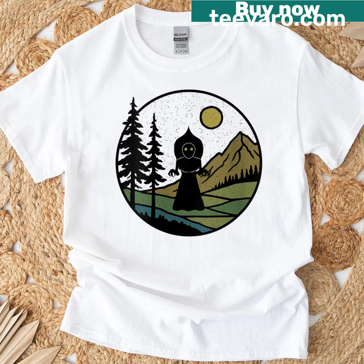 Vintage Flatwoods Monster T-shirt with rustic forest and mountain design — on a men's t-shirt
