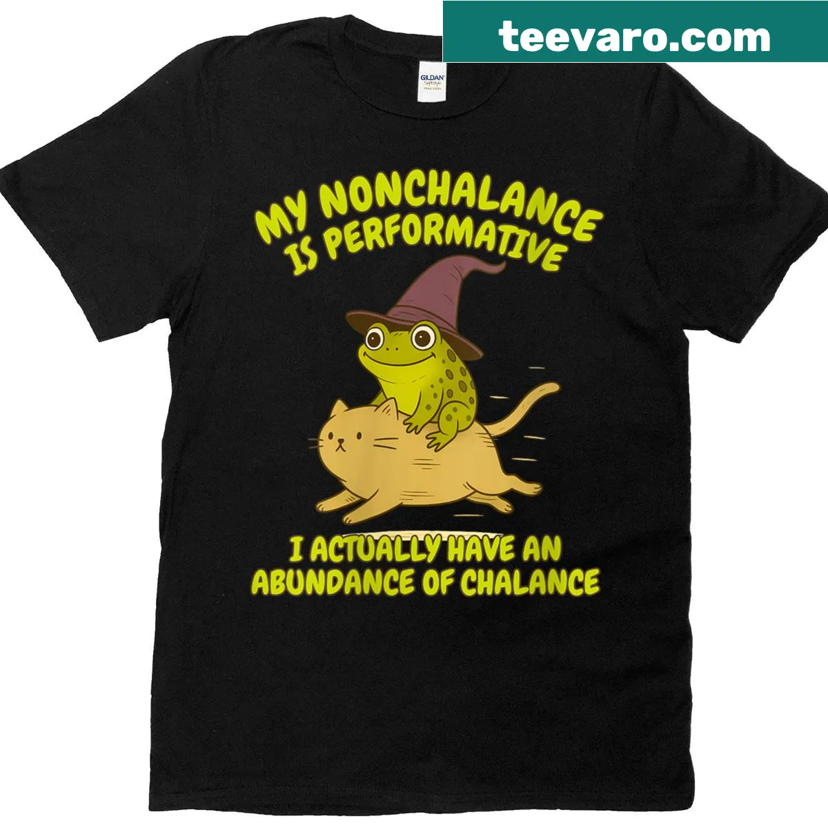 Funny T-shirt with frog graphic and saying 'My Nonchalance Is Performative' for women — on a men's t-shirt
