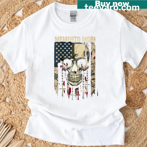 Memento Mori T-shirt featuring rosary, American flag, and skull illustration