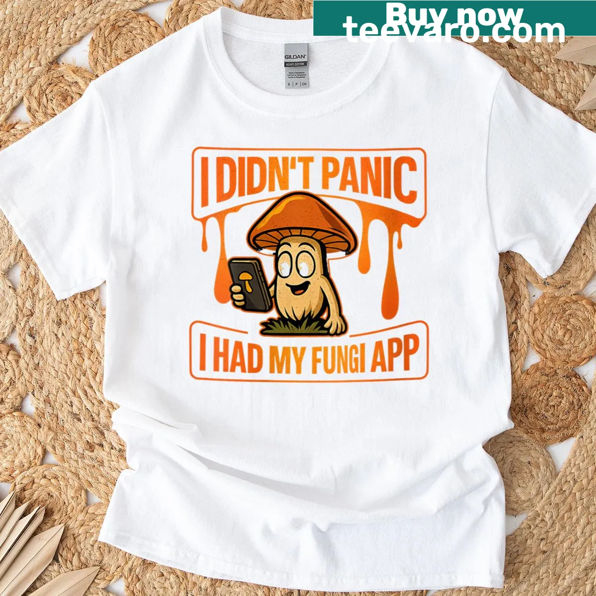 Illustration of mushroom picker using a fungi app on a t-shirt — on a men's t-shirt