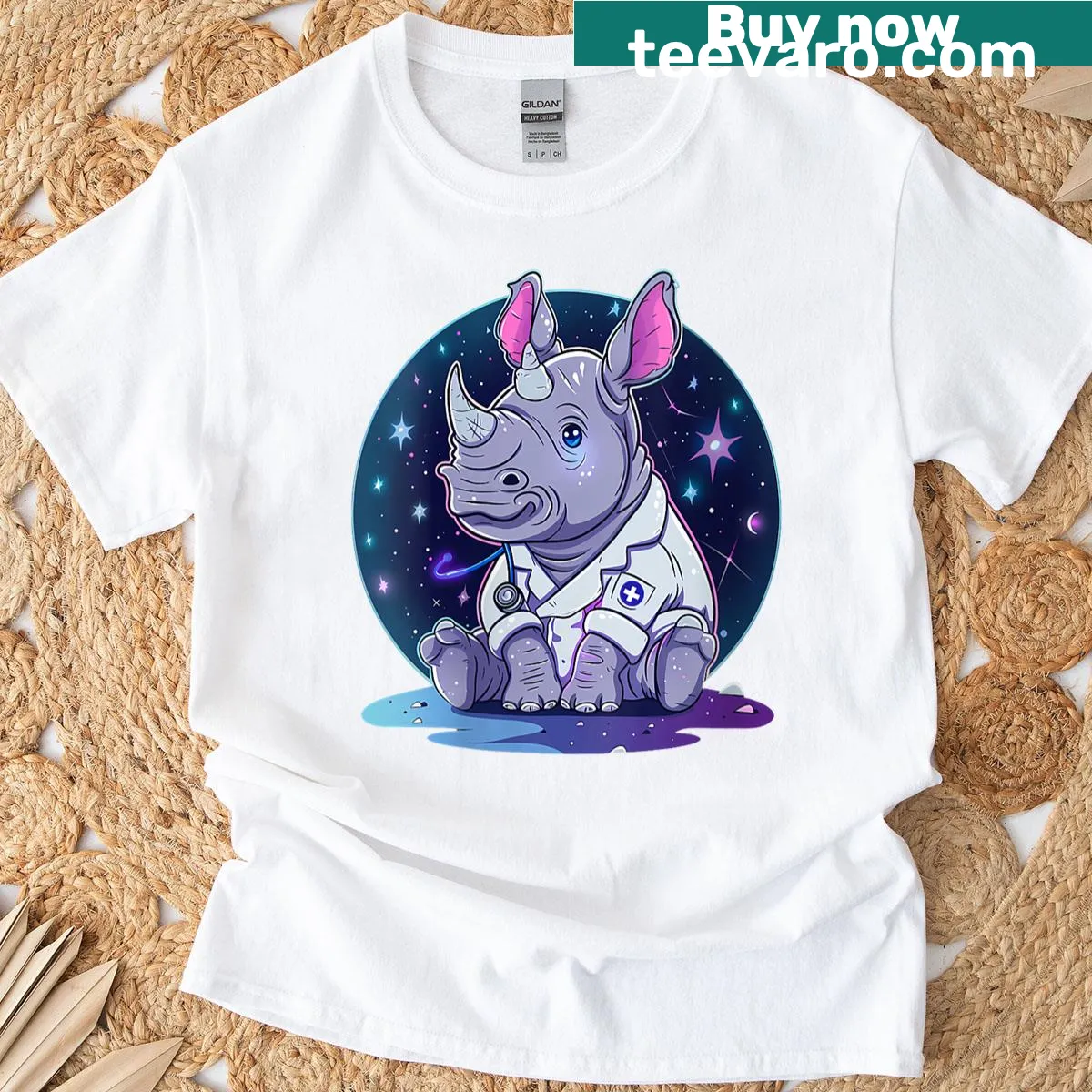 Nurse-themed t-shirt featuring a rhino and medical symbols — on a men's t-shirt
