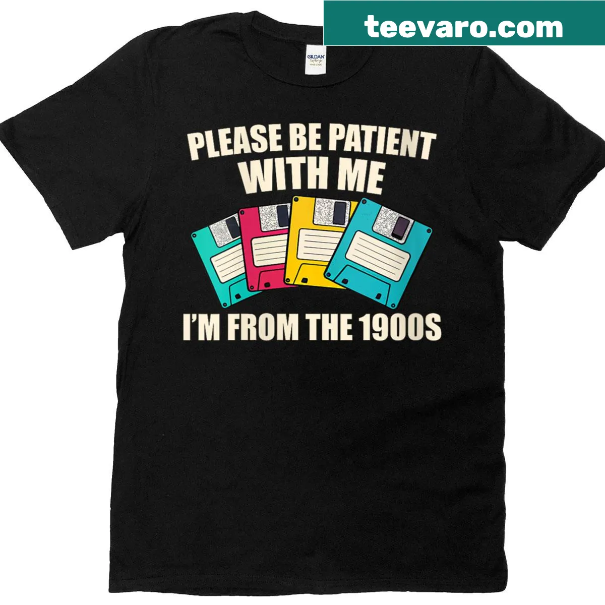 Vintage design shirt with floppy disk and text 'Please Be Patient, I'm From The 1900s' — on a men's t-shirt
