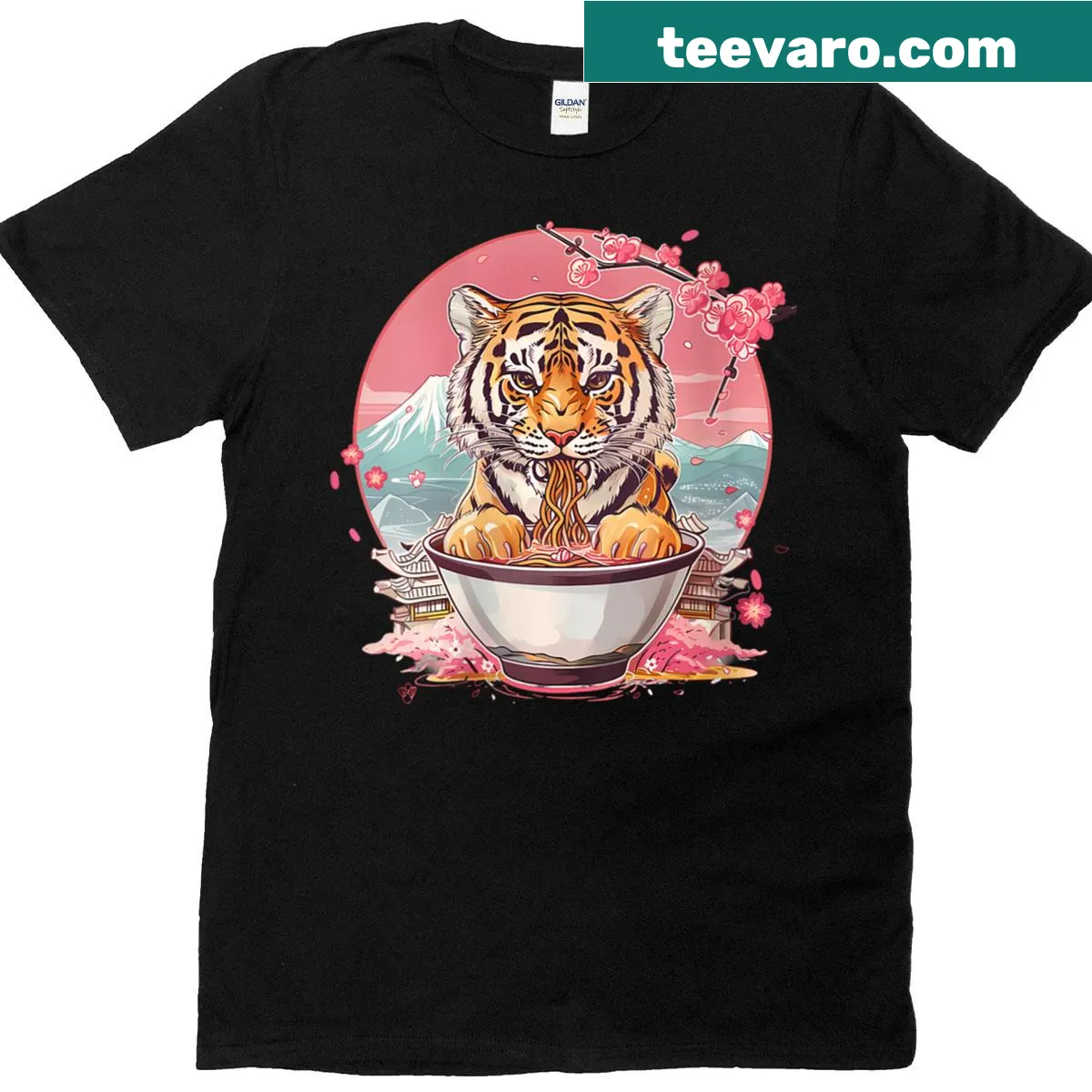 Whimsical T-shirt featuring a tiger eating ramen with Mount Fuji and pagoda art. — on a men's t-shirt